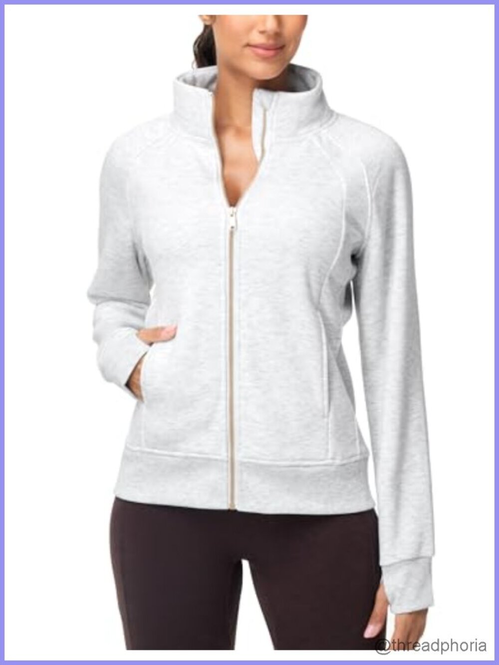 Full Zip Up Workout Sweatshirt Fleece Stand Collar with Pockets Thumb Hole